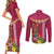 Hawaii Plumeria Lei Couples Matching Short Sleeve Bodycon Dress and Long Sleeve Button Shirt Tiki and Kakau Pattern Pink Color