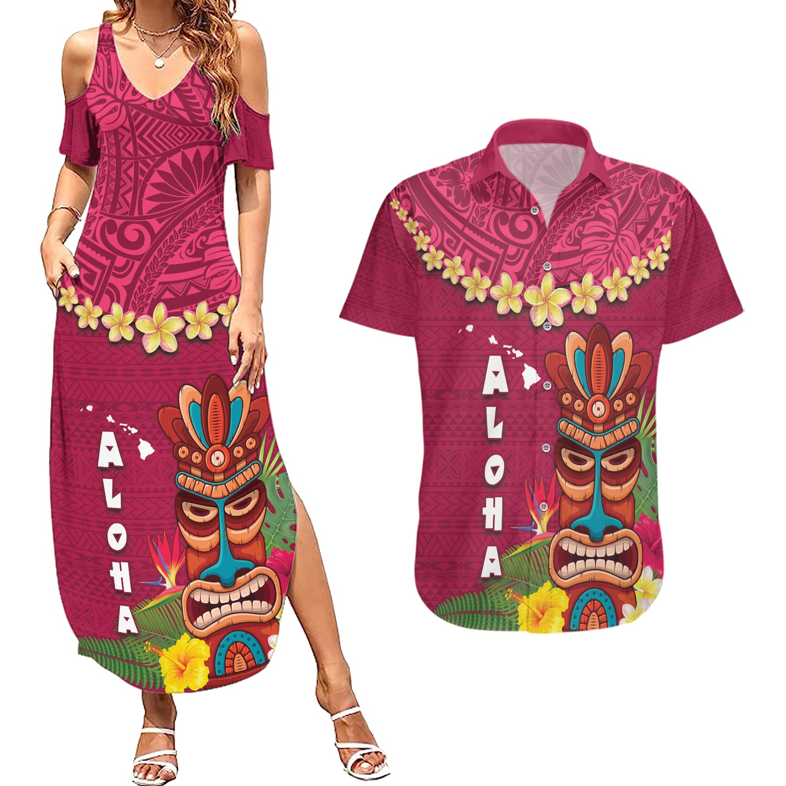 Hawaii Plumeria Lei Couples Matching Summer Maxi Dress and Hawaiian Shirt Tiki and Kakau Pattern Pink Color