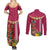 Hawaii Plumeria Lei Couples Matching Summer Maxi Dress and Long Sleeve Button Shirt Tiki and Kakau Pattern Pink Color