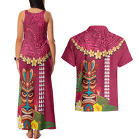 Hawaii Plumeria Lei Couples Matching Tank Maxi Dress and Hawaiian Shirt Tiki and Kakau Pattern Pink Color