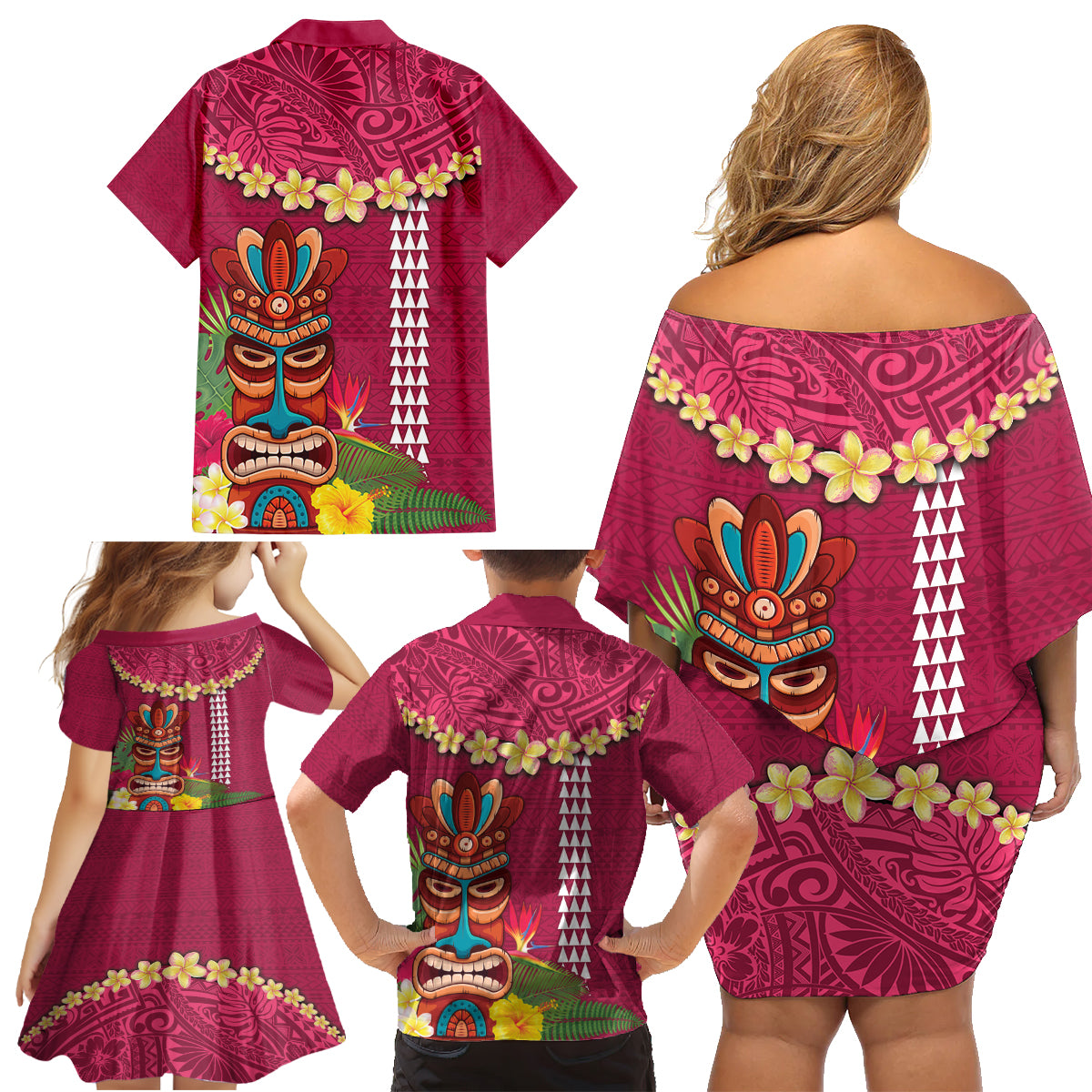 Hawaii Plumeria Lei Family Matching Off Shoulder Short Dress and Hawaiian Shirt Tiki and Kakau Pattern Pink Color