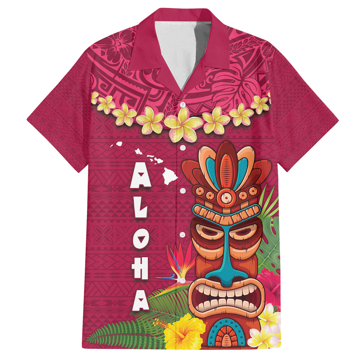 Hawaii Plumeria Lei Family Matching Tank Maxi Dress and Hawaiian Shirt Tiki and Kakau Pattern Pink Color