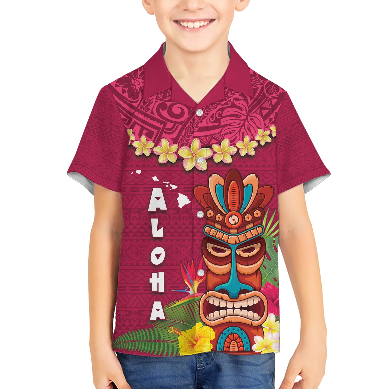 Hawaii Plumeria Lei Kid Hawaiian Shirt Tiki and Kakau Pattern Pink Color