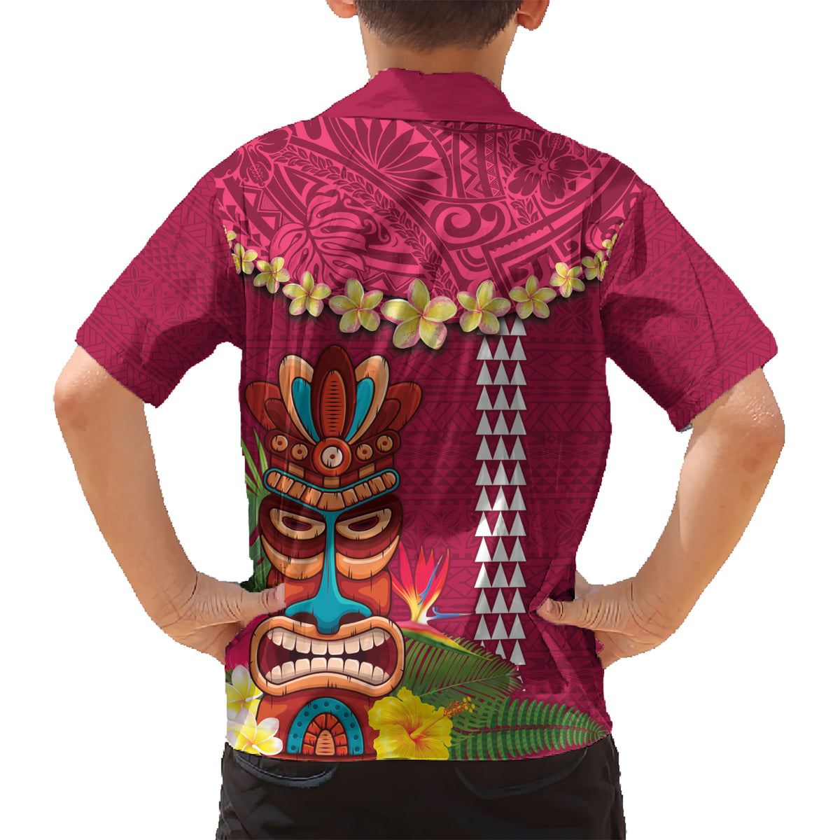 Hawaii Plumeria Lei Kid Hawaiian Shirt Tiki and Kakau Pattern Pink Color