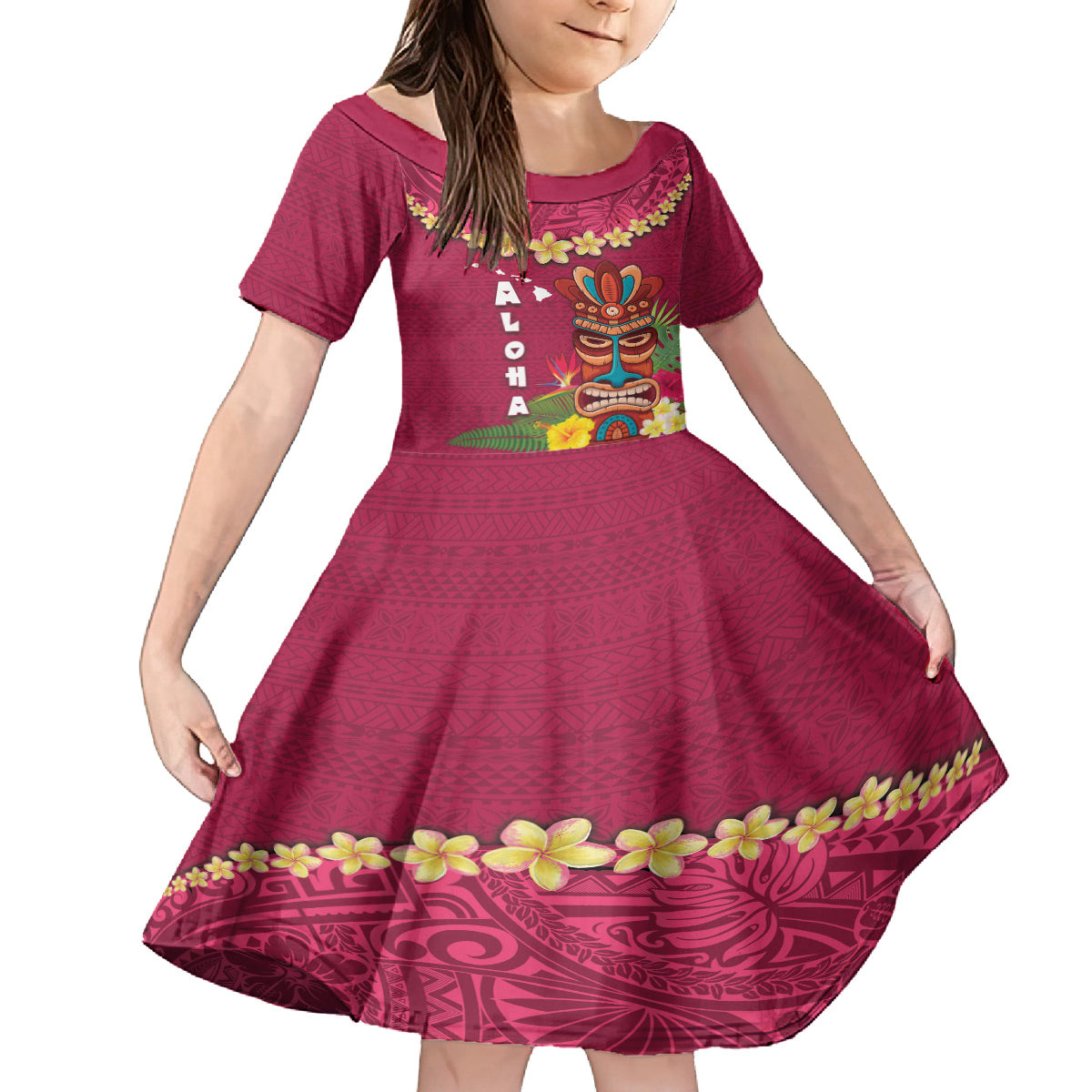 Hawaii Plumeria Lei Kid Short Sleeve Dress Tiki and Kakau Pattern Pink Color