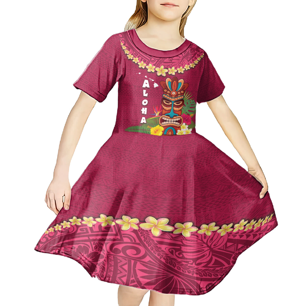 Hawaii Plumeria Lei Kid Short Sleeve Dress Tiki and Kakau Pattern Pink Color