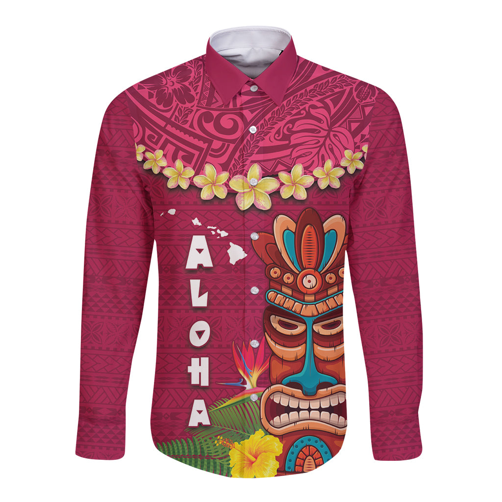 Hawaii Plumeria Lei Long Sleeve Button Shirt Tiki and Kakau Pattern Pink Color