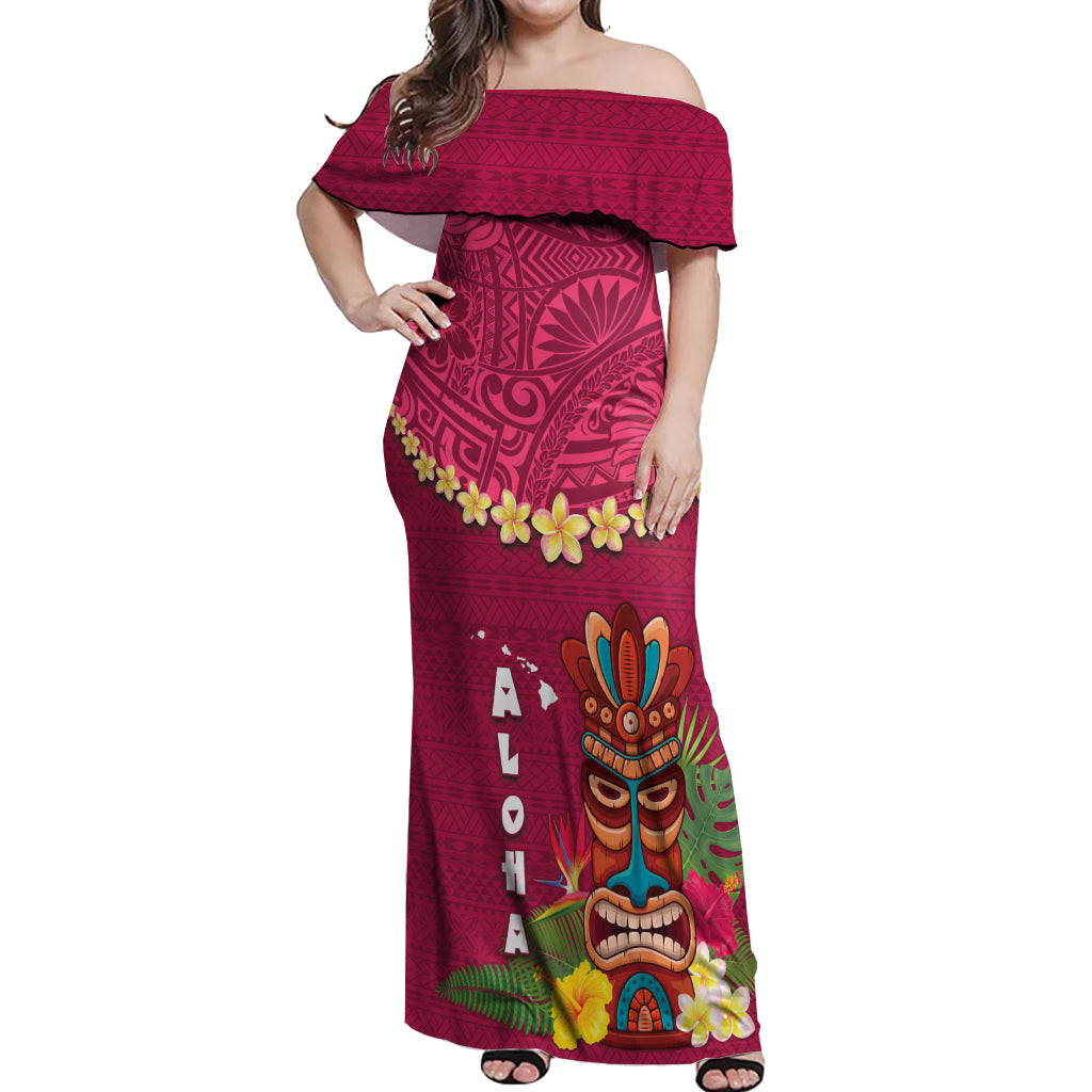 Hawaii Plumeria Lei Off Shoulder Maxi Dress Tiki and Kakau Pattern Pink Color
