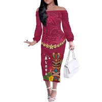 Hawaii Plumeria Lei Off The Shoulder Long Sleeve Dress Tiki and Kakau Pattern Pink Color