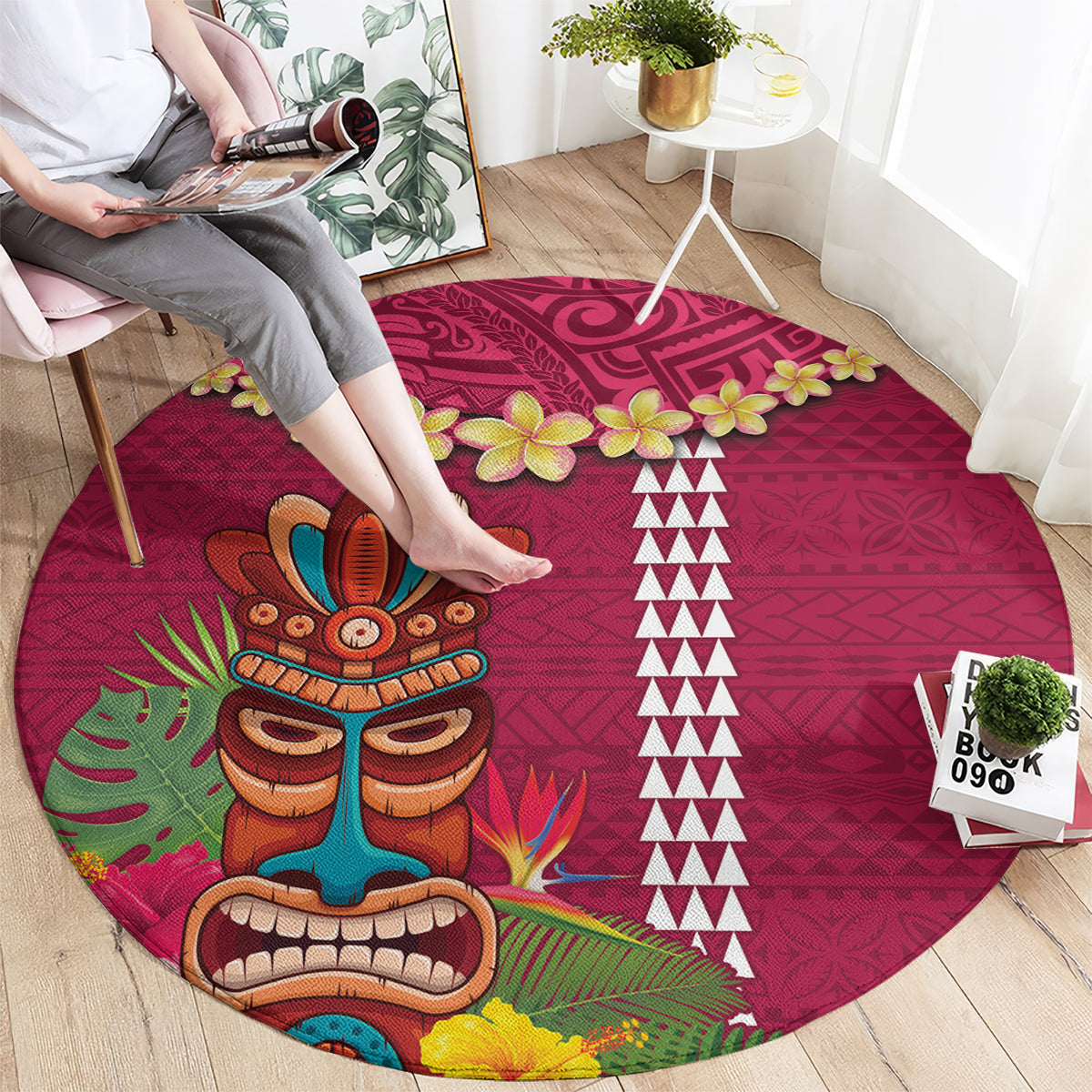 Hawaii Plumeria Lei Round Carpet Tiki and Kakau Pattern Pink Color