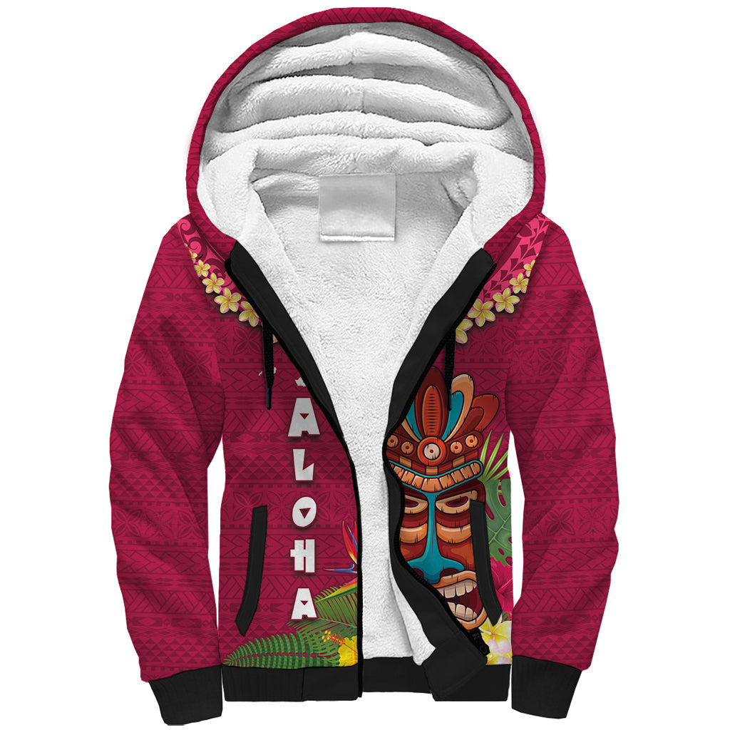 Hawaii Plumeria Lei Sherpa Hoodie Tiki and Kakau Pattern Pink Color