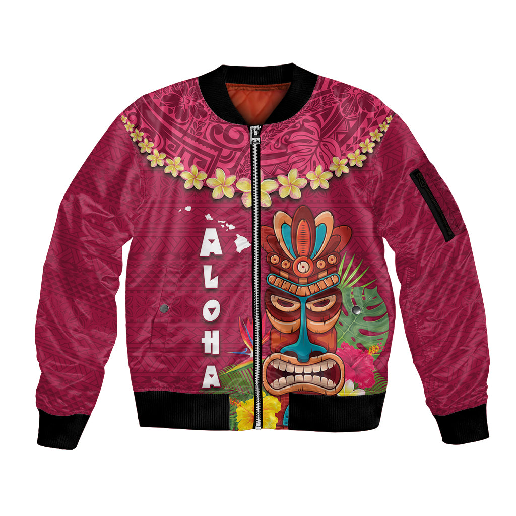 Hawaii Plumeria Lei Sleeve Zip Bomber Jacket Tiki and Kakau Pattern Pink Color