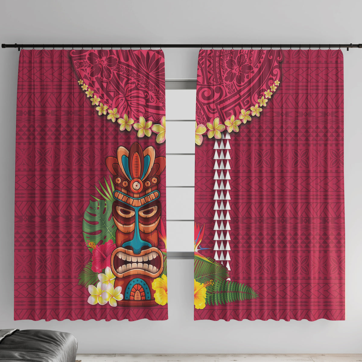 Hawaii Plumeria Lei Window Curtain Tiki and Kakau Pattern Pink Color
