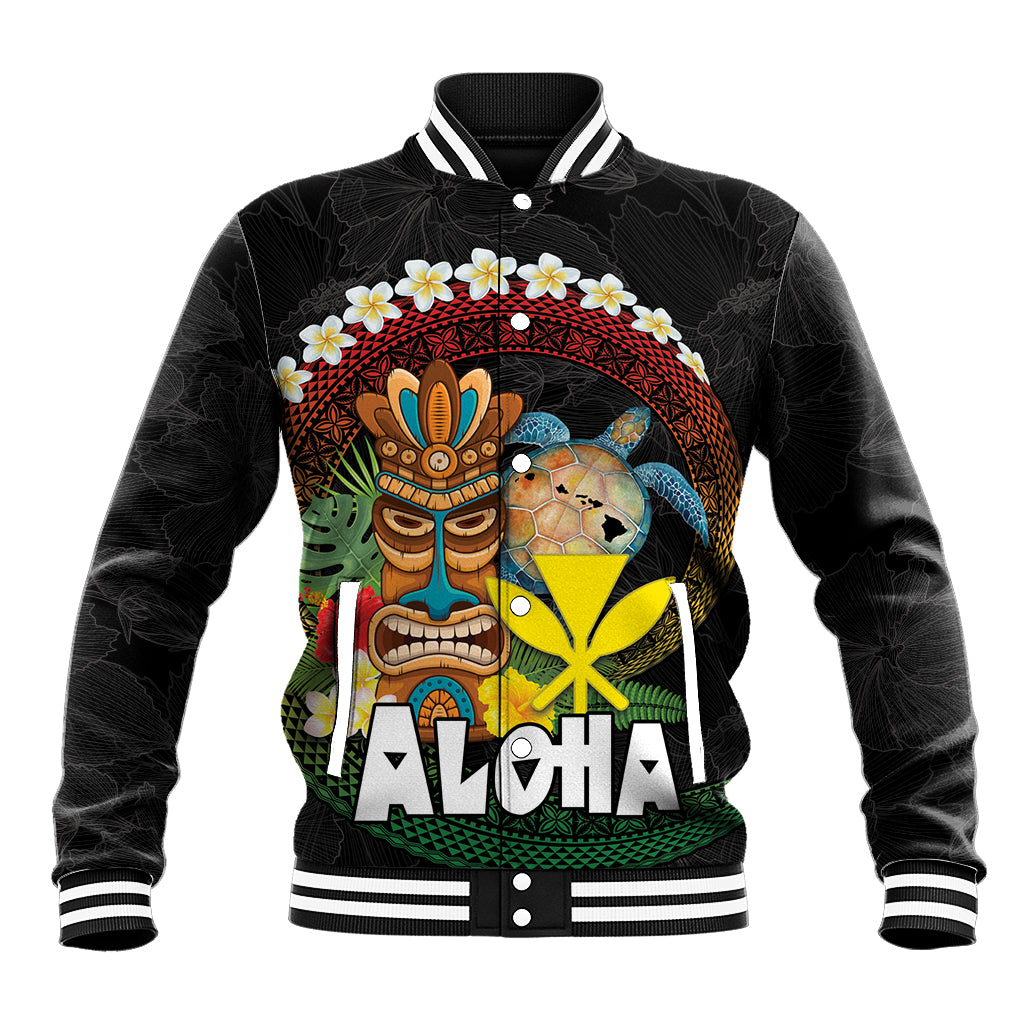 Aloha Hawaii Baseball Jacket Kanaka Maoli with Polynesian Spiral Plumeria LT03 Unisex Black - Polynesian Pride