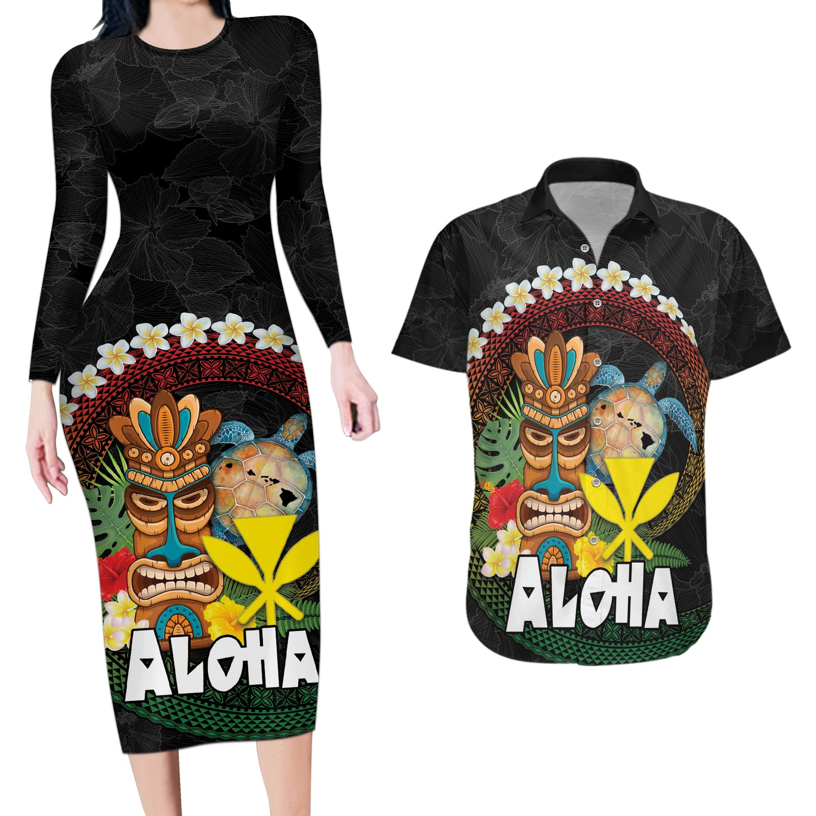 Aloha Hawaii Couples Matching Long Sleeve Bodycon Dress and Hawaiian Shirt Kanaka Maoli with Polynesian Spiral Plumeria LT03 Black - Polynesian Pride