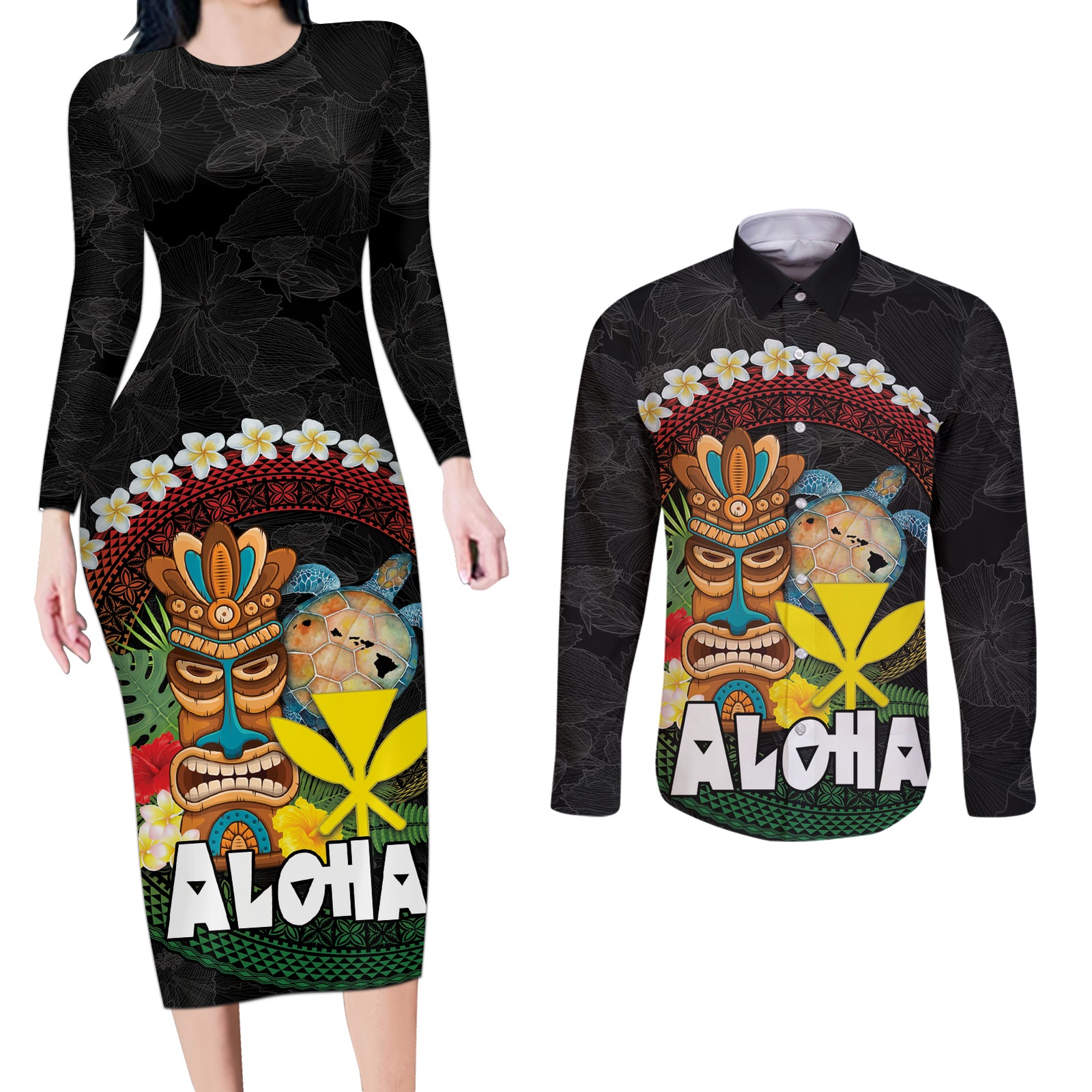 Aloha Hawaii Couples Matching Long Sleeve Bodycon Dress and Long Sleeve Button Shirt Kanaka Maoli with Polynesian Spiral Plumeria LT03 Black - Polynesian Pride