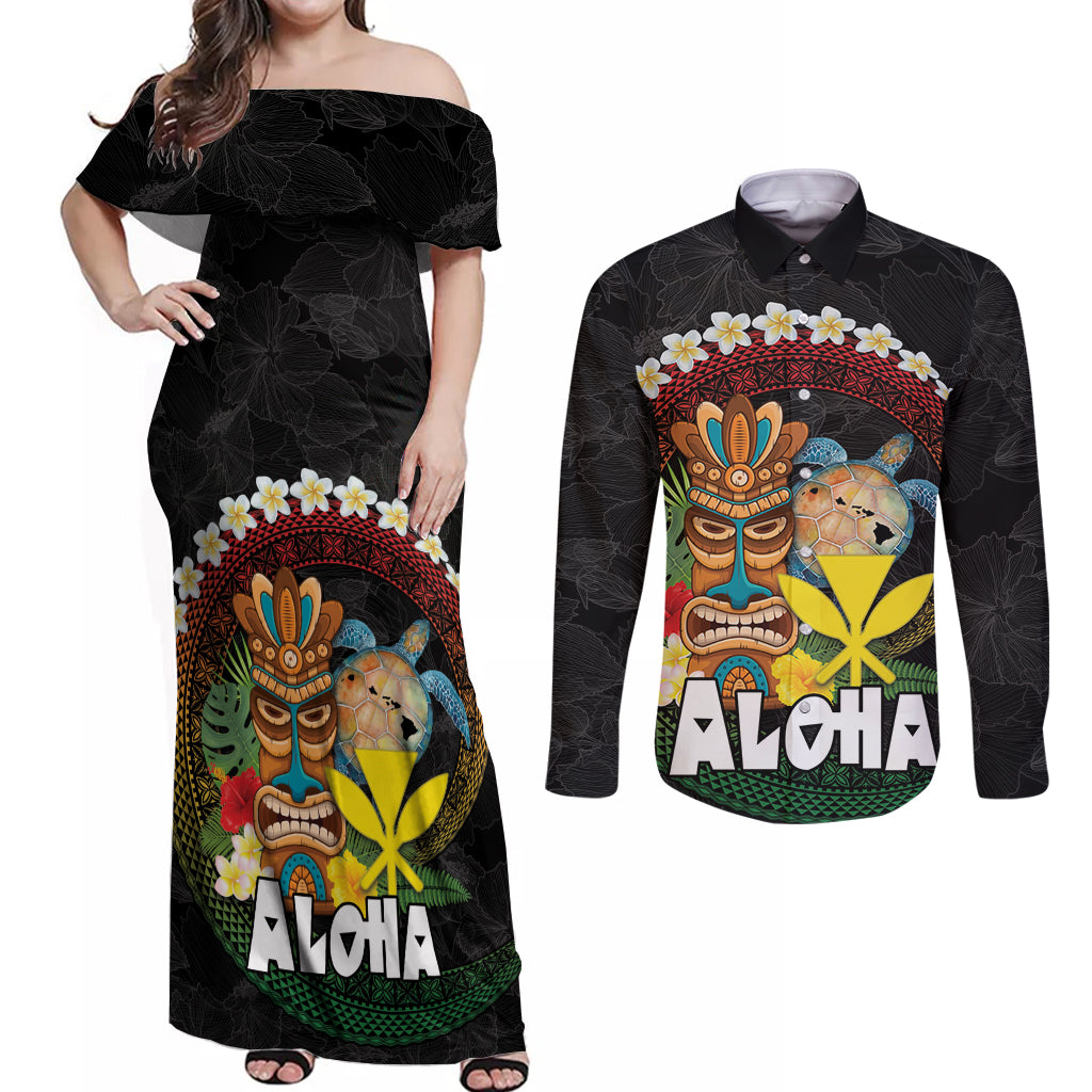 Aloha Hawaii Couples Matching Off Shoulder Maxi Dress and Long Sleeve Button Shirt Kanaka Maoli with Polynesian Spiral Plumeria