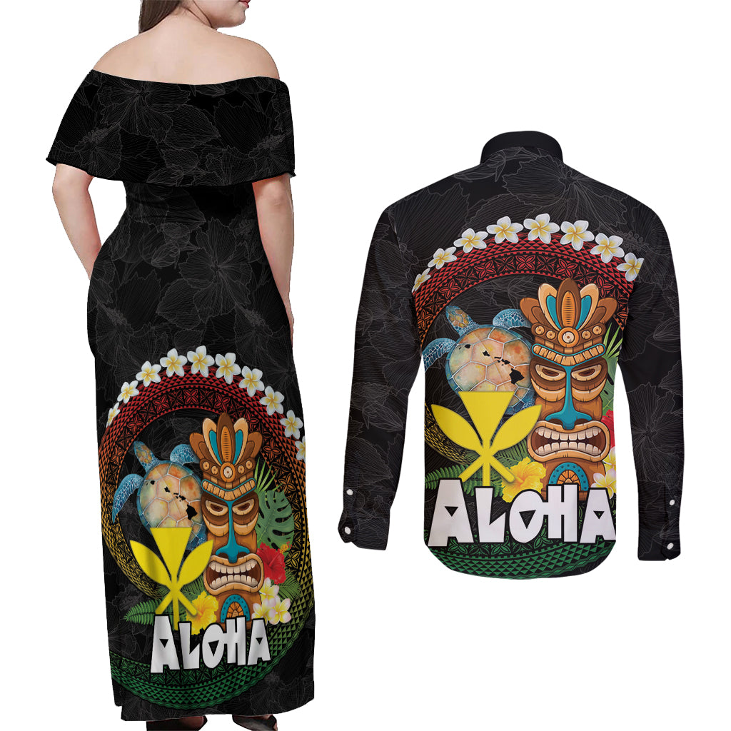 Aloha Hawaii Couples Matching Off Shoulder Maxi Dress and Long Sleeve Button Shirt Kanaka Maoli with Polynesian Spiral Plumeria
