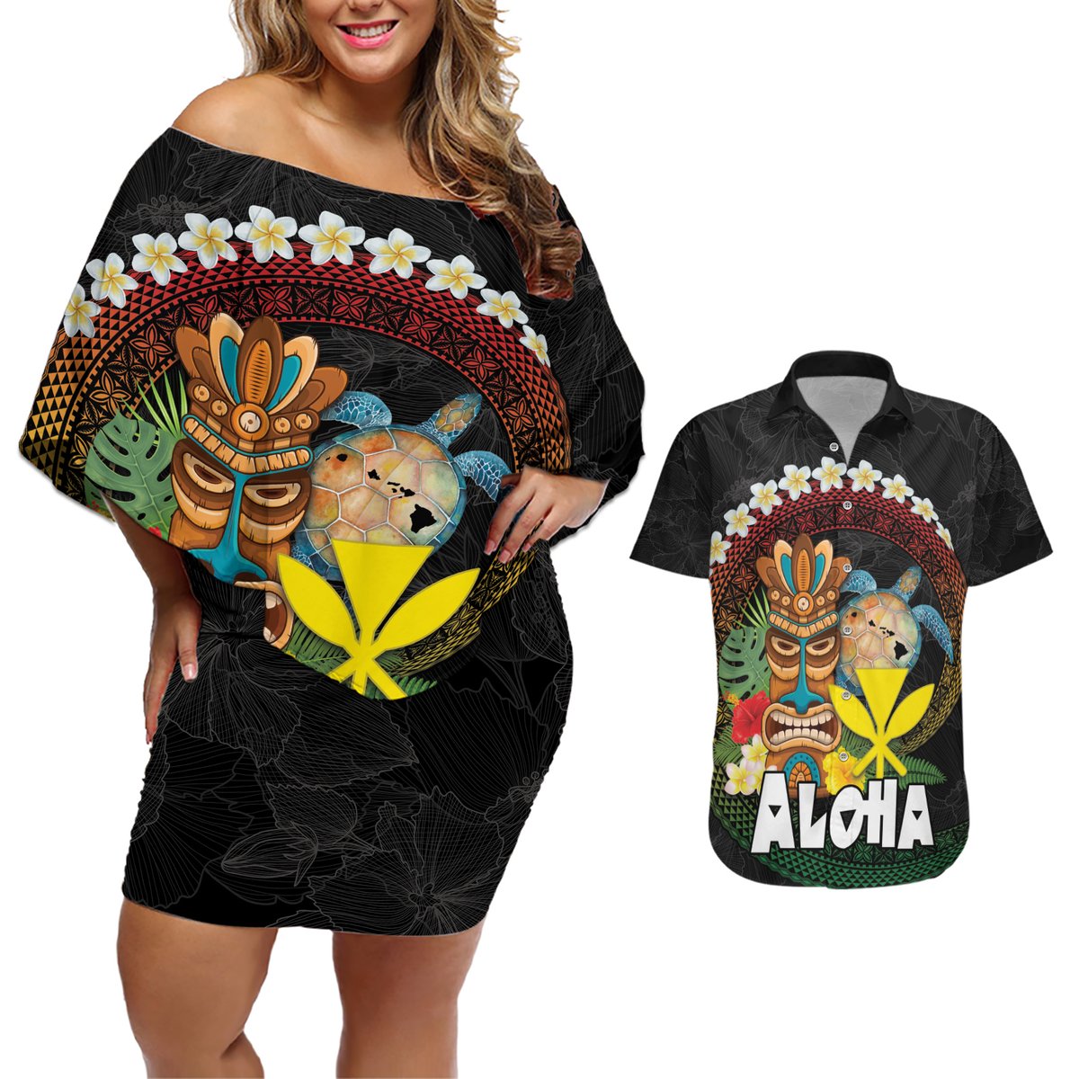 Aloha Hawaii Couples Matching Off Shoulder Short Dress and Hawaiian Shirt Kanaka Maoli with Polynesian Spiral Plumeria LT03 Black - Polynesian Pride