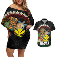 Aloha Hawaii Couples Matching Off Shoulder Short Dress and Hawaiian Shirt Kanaka Maoli with Polynesian Spiral Plumeria