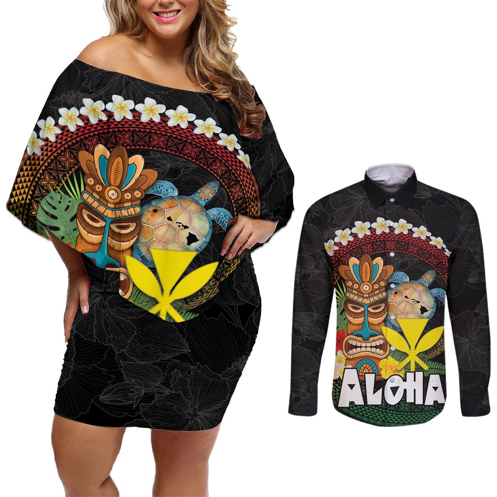Aloha Hawaii Couples Matching Off Shoulder Short Dress and Long Sleeve Button Shirt Kanaka Maoli with Polynesian Spiral Plumeria LT03 Black - Polynesian Pride