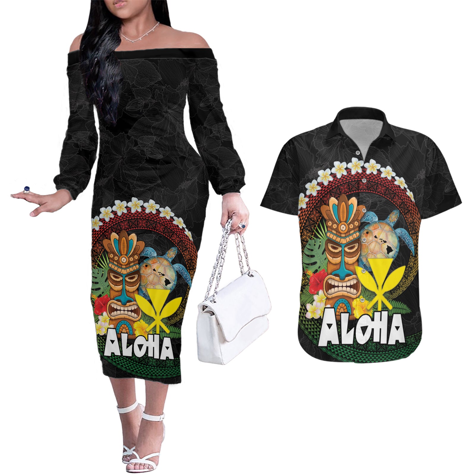 Aloha Hawaii Couples Matching Off The Shoulder Long Sleeve Dress and Hawaiian Shirt Kanaka Maoli with Polynesian Spiral Plumeria LT03 Black - Polynesian Pride