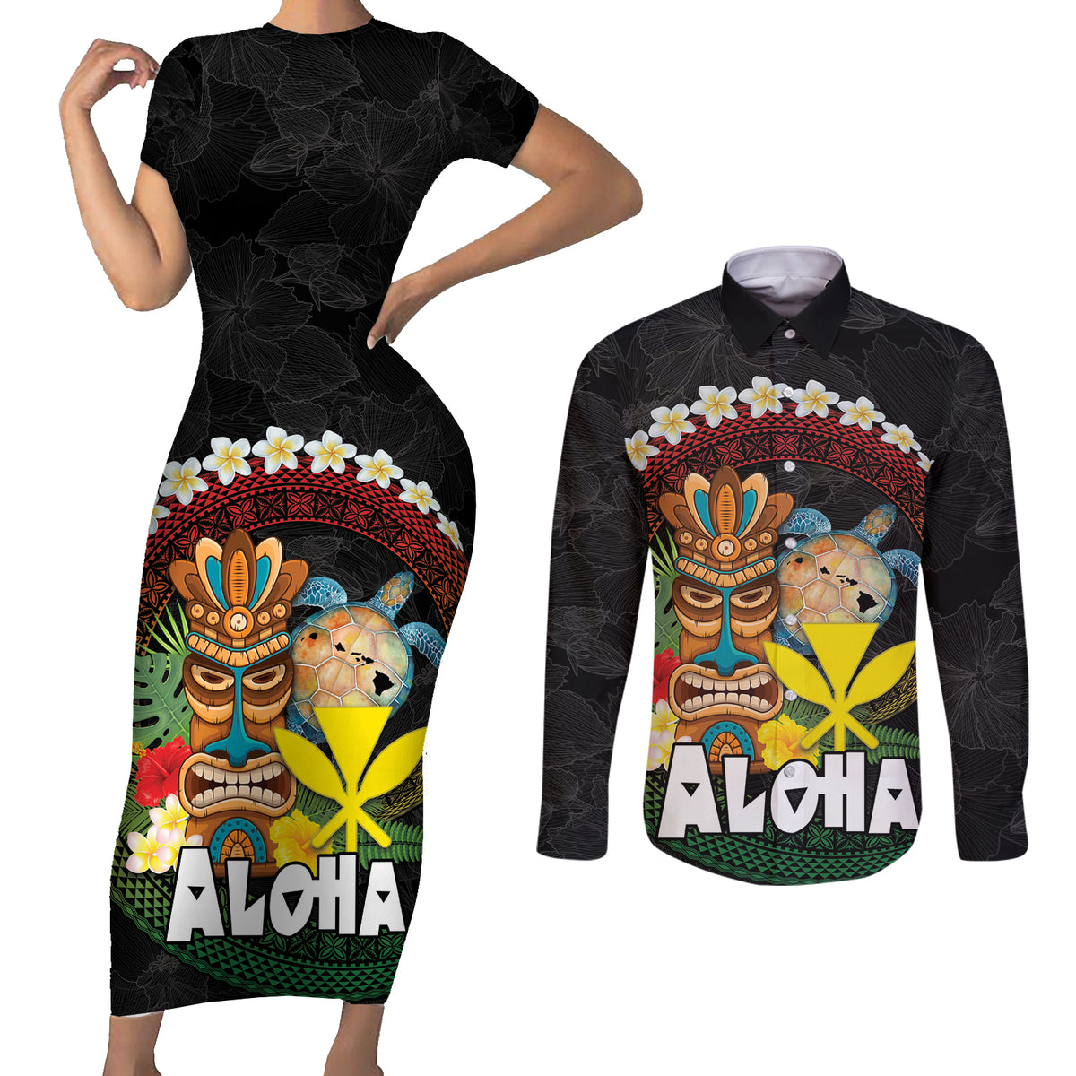 Aloha Hawaii Couples Matching Short Sleeve Bodycon Dress and Long Sleeve Button Shirt Kanaka Maoli with Polynesian Spiral Plumeria