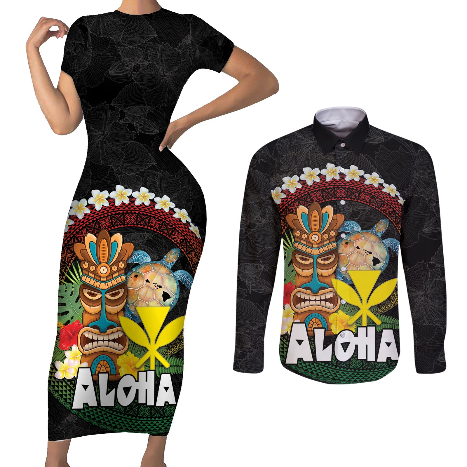 Aloha Hawaii Couples Matching Short Sleeve Bodycon Dress and Long Sleeve Button Shirt Kanaka Maoli with Polynesian Spiral Plumeria LT03 Black - Polynesian Pride