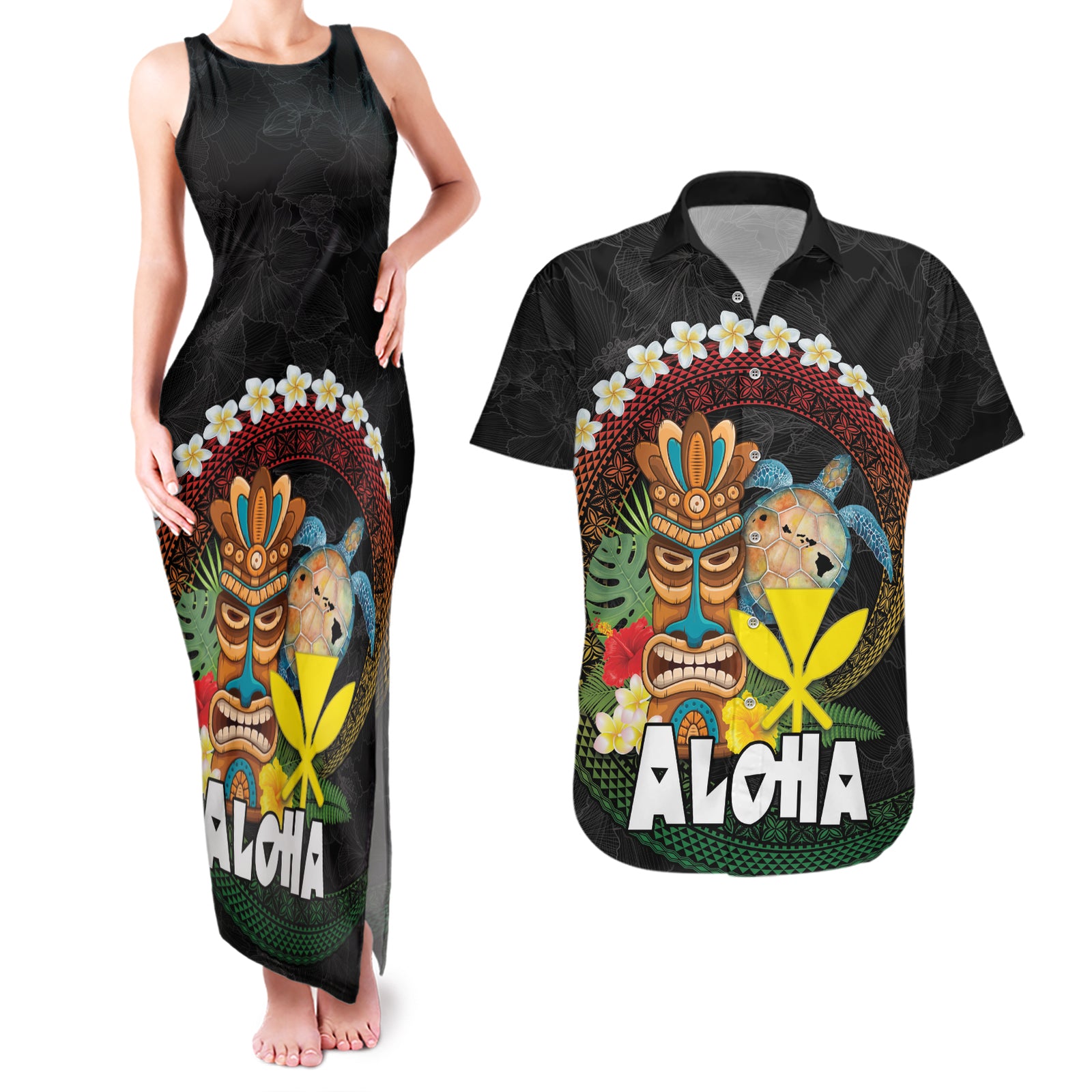 Aloha Hawaii Couples Matching Tank Maxi Dress and Hawaiian Shirt Kanaka Maoli with Polynesian Spiral Plumeria LT03 Black - Polynesian Pride