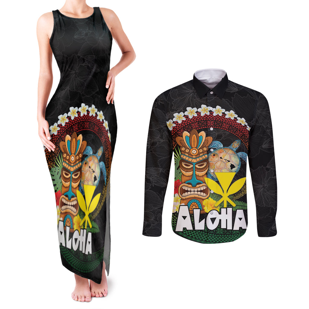 Aloha Hawaii Couples Matching Tank Maxi Dress and Long Sleeve Button Shirt Kanaka Maoli with Polynesian Spiral Plumeria LT03 Black - Polynesian Pride