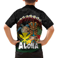 Aloha Hawaii Family Matching Off Shoulder Short Dress and Hawaiian Shirt Kanaka Maoli with Polynesian Spiral Plumeria