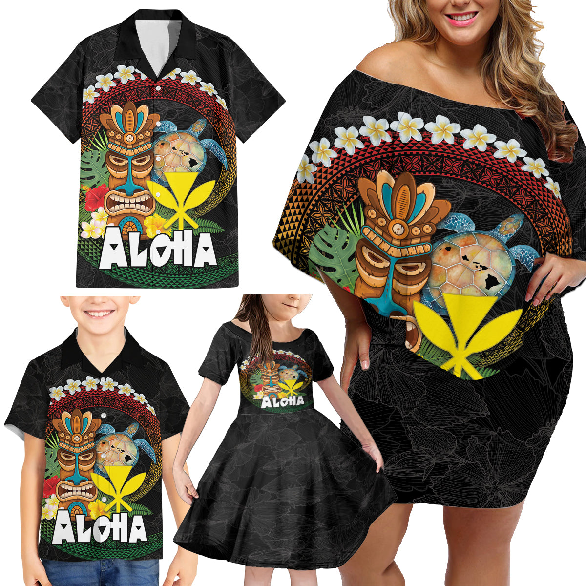 Aloha Hawaii Family Matching Off Shoulder Short Dress and Hawaiian Shirt Kanaka Maoli with Polynesian Spiral Plumeria LT03 - Polynesian Pride