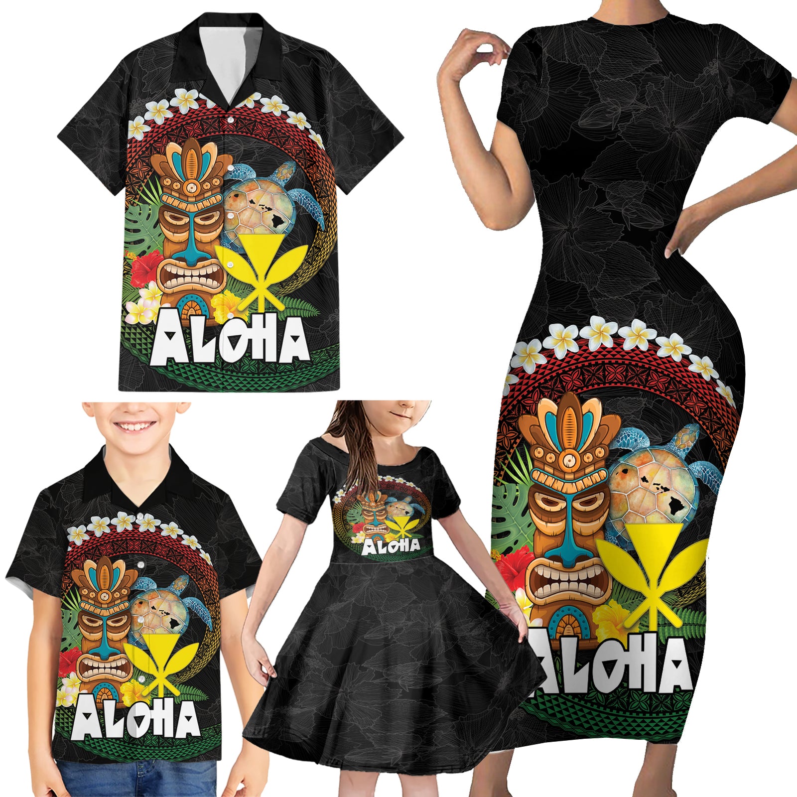 Aloha Hawaii Family Matching Short Sleeve Bodycon Dress and Hawaiian Shirt Kanaka Maoli with Polynesian Spiral Plumeria LT03 - Polynesian Pride