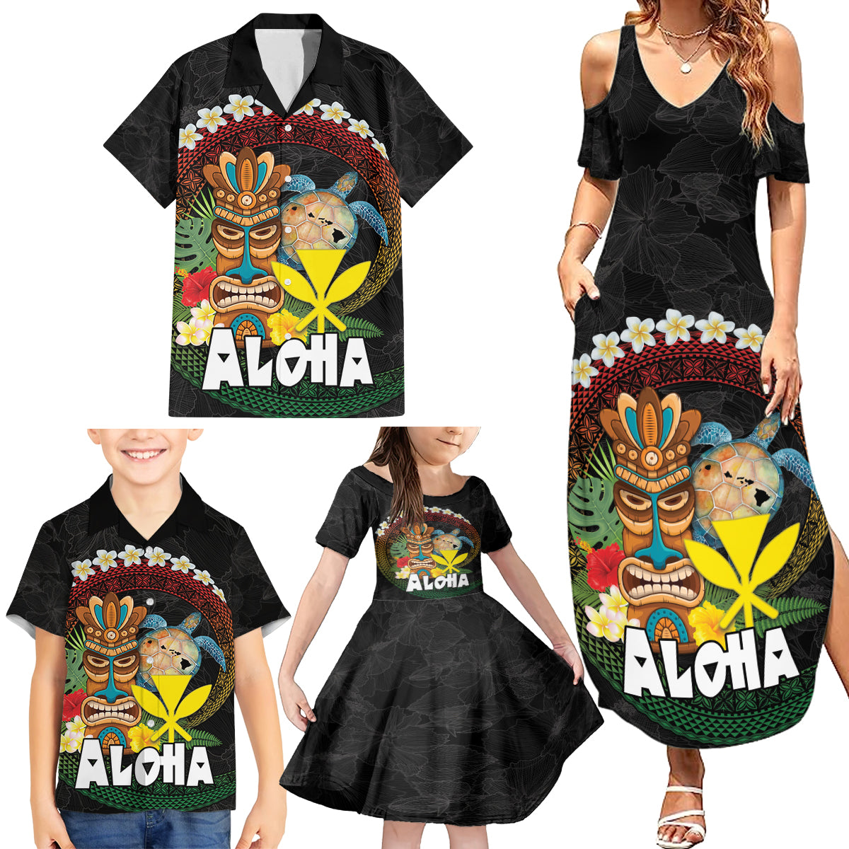 Aloha Hawaii Family Matching Summer Maxi Dress and Hawaiian Shirt Kanaka Maoli with Polynesian Spiral Plumeria LT03 - Polynesian Pride