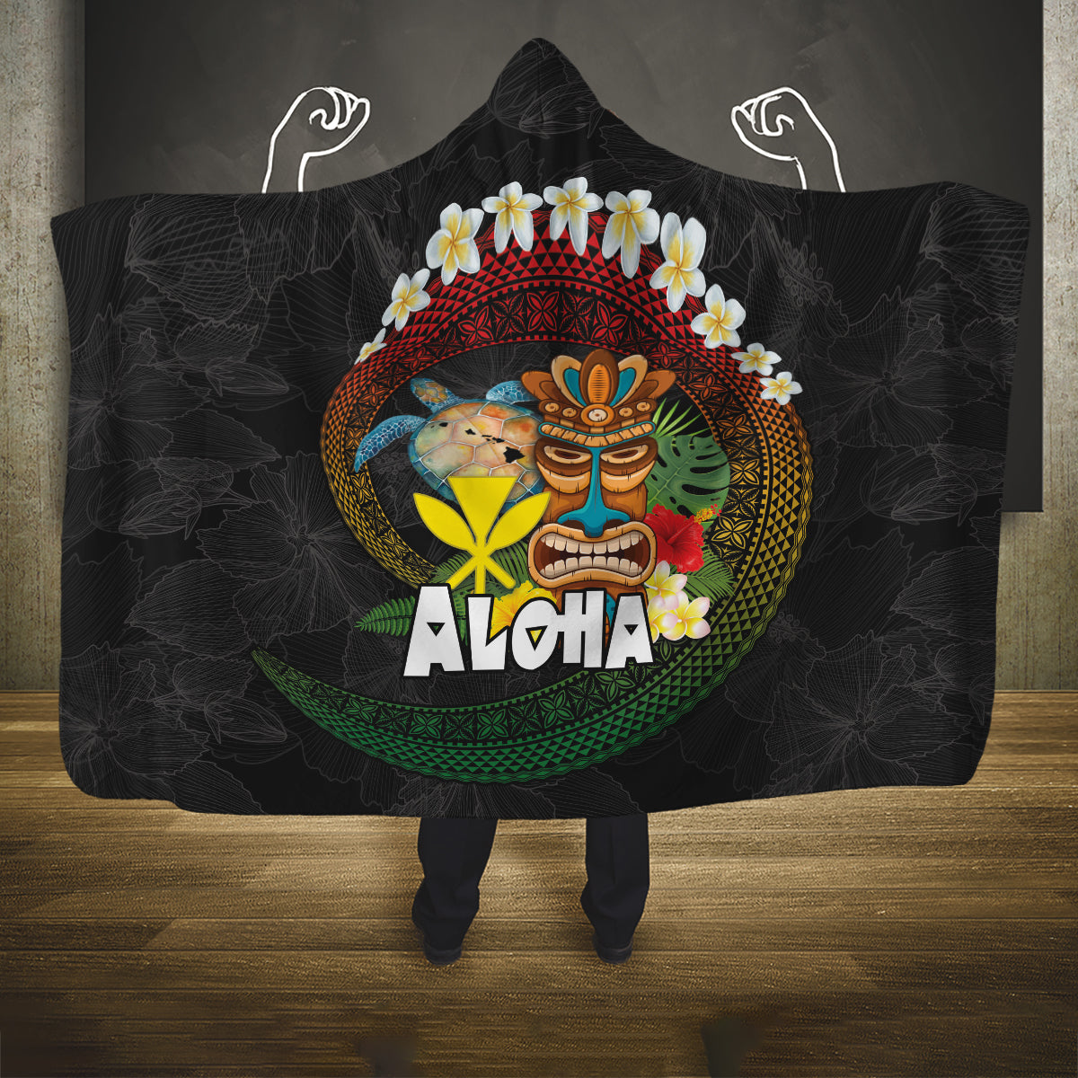 Aloha Hawaii Hooded Blanket Kanaka Maoli with Polynesian Spiral Plumeria LT03 One Size Black - Polynesian Pride