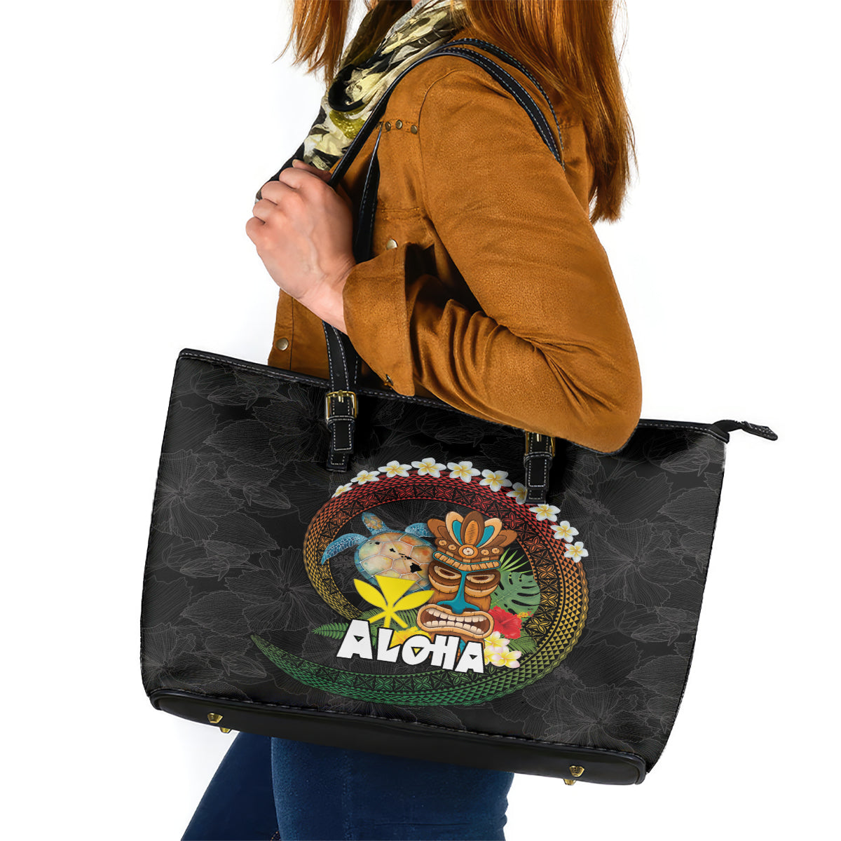 Aloha Hawaii Leather Tote Bag Kanaka Maoli with Polynesian Spiral Plumeria LT03 Black - Polynesian Pride
