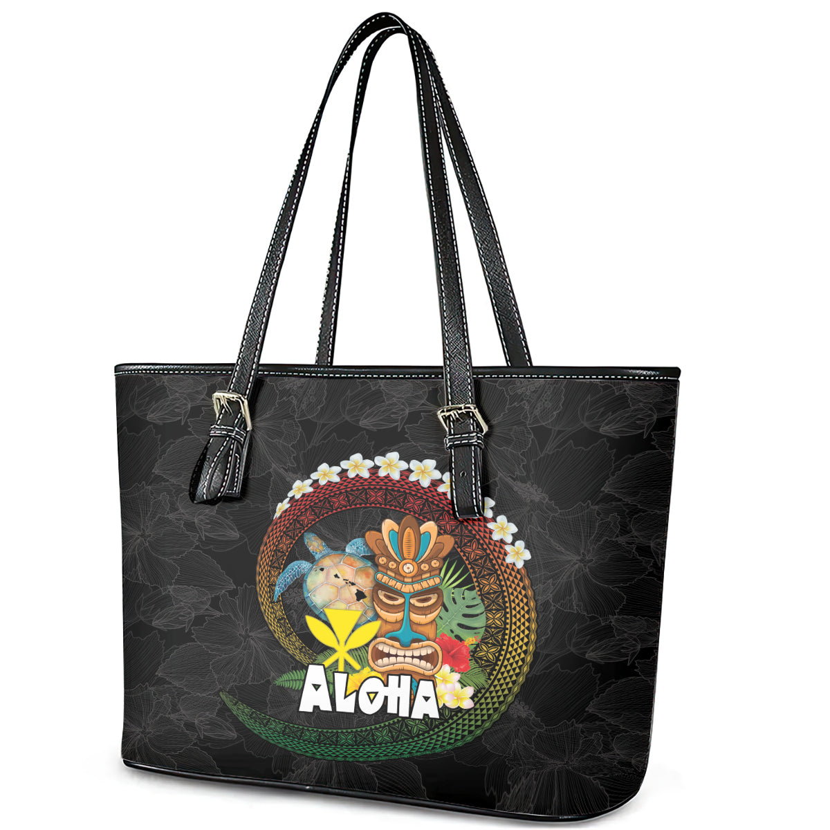 Aloha Hawaii Leather Tote Bag Kanaka Maoli with Polynesian Spiral Plumeria