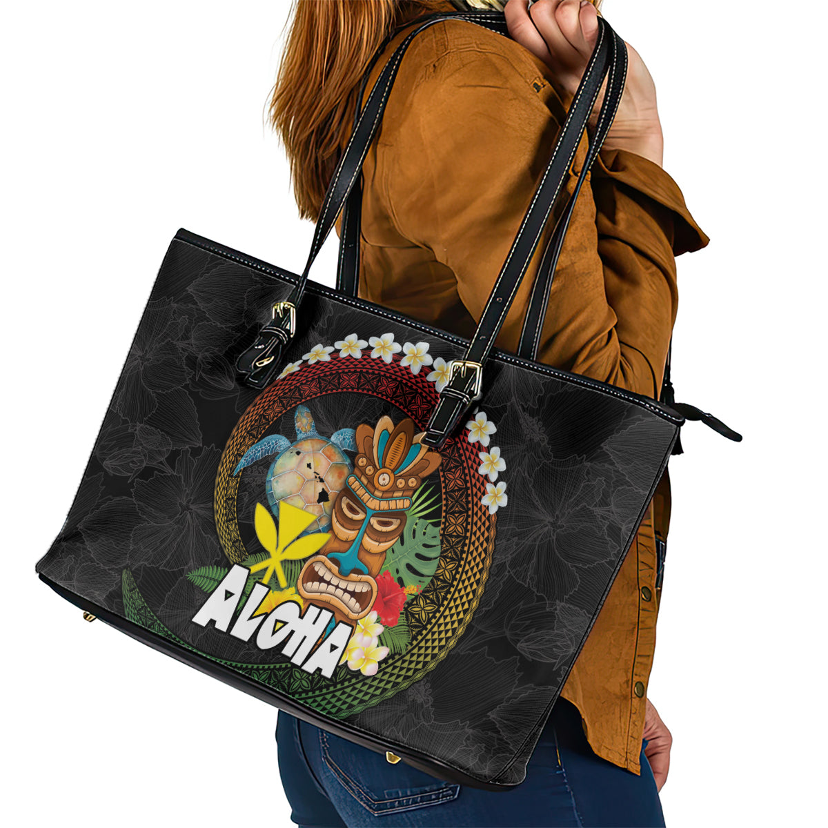 Aloha Hawaii Leather Tote Bag Kanaka Maoli with Polynesian Spiral Plumeria