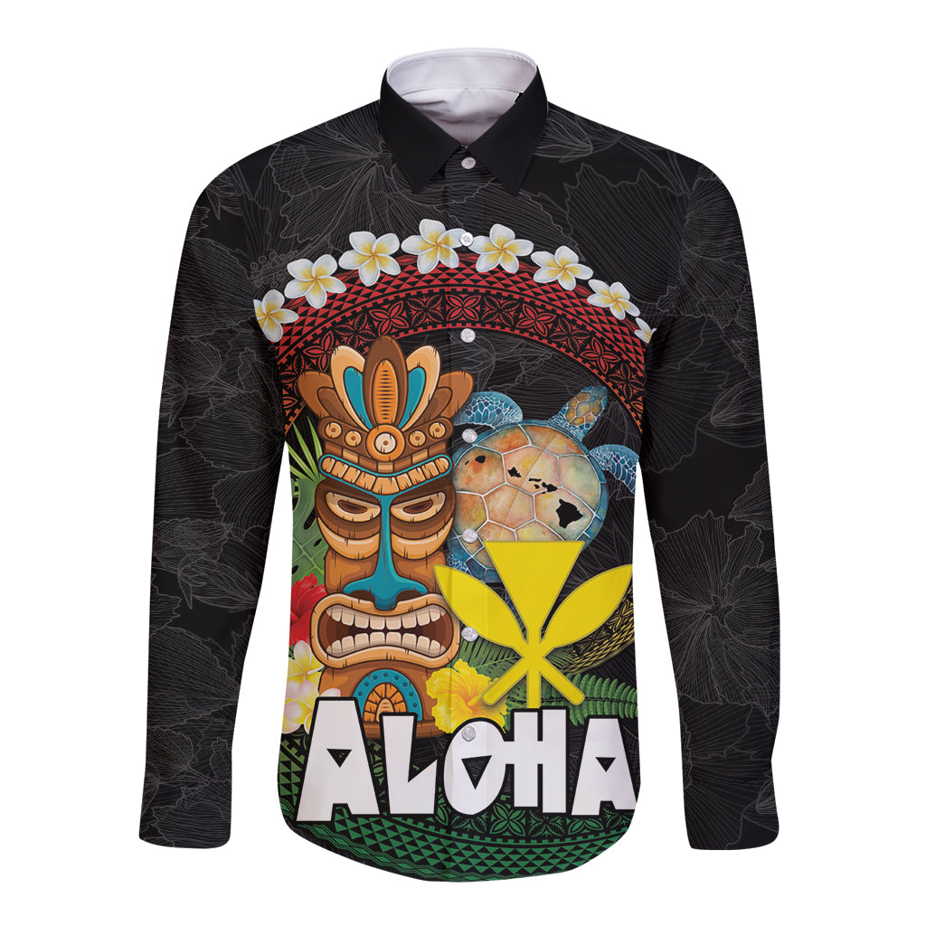 Aloha Hawaii Long Sleeve Button Shirt Kanaka Maoli with Polynesian Spiral Plumeria LT03 Unisex Black - Polynesian Pride