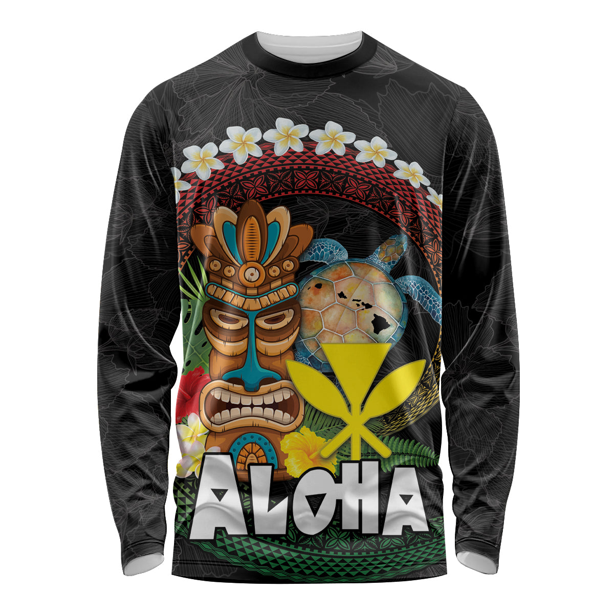Aloha Hawaii Long Sleeve Shirt Kanaka Maoli with Polynesian Spiral Plumeria LT03 Unisex Black - Polynesian Pride
