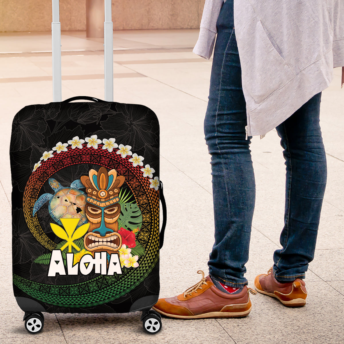 Aloha Hawaii Luggage Cover Kanaka Maoli with Polynesian Spiral Plumeria