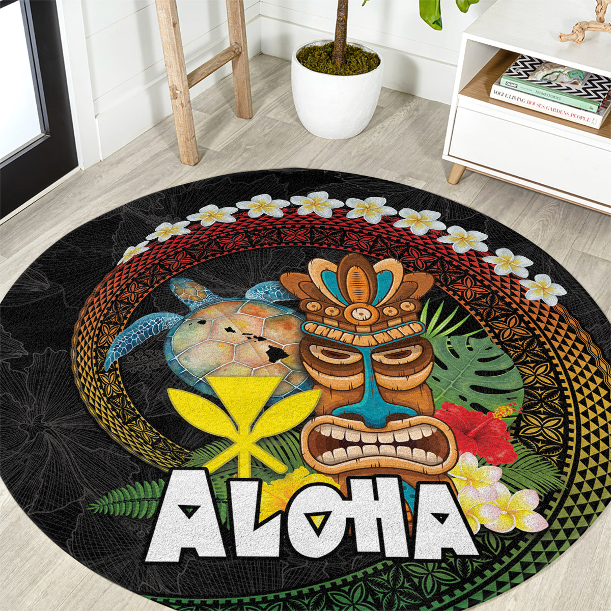 Aloha Hawaii Round Carpet Kanaka Maoli with Polynesian Spiral Plumeria LT03 Black - Polynesian Pride