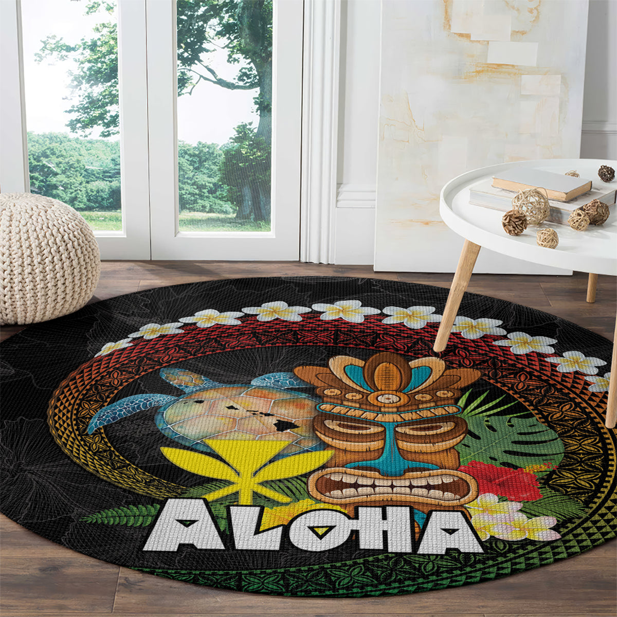 Aloha Hawaii Round Carpet Kanaka Maoli with Polynesian Spiral Plumeria
