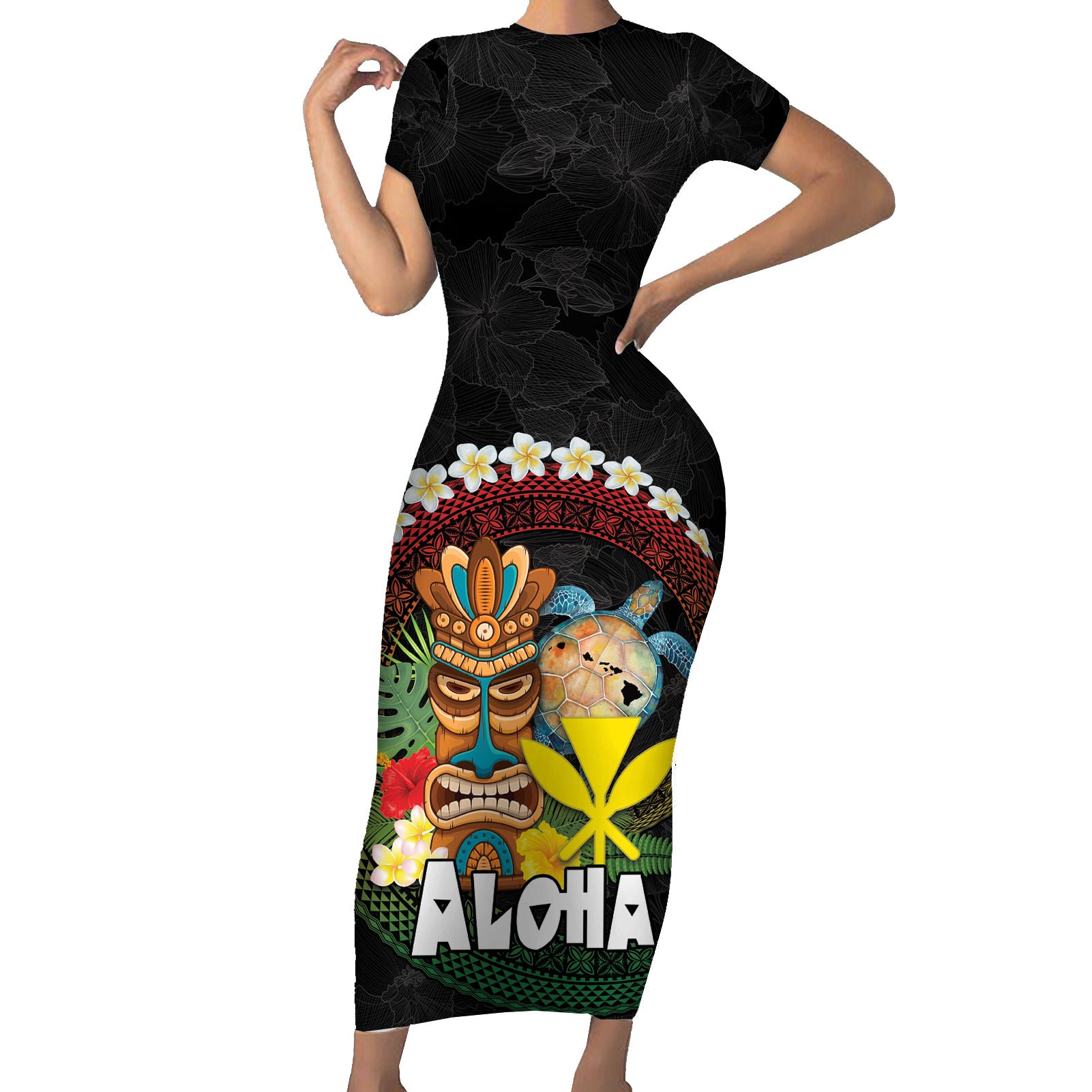 Aloha Hawaii Short Sleeve Bodycon Dress Kanaka Maoli with Polynesian Spiral Plumeria