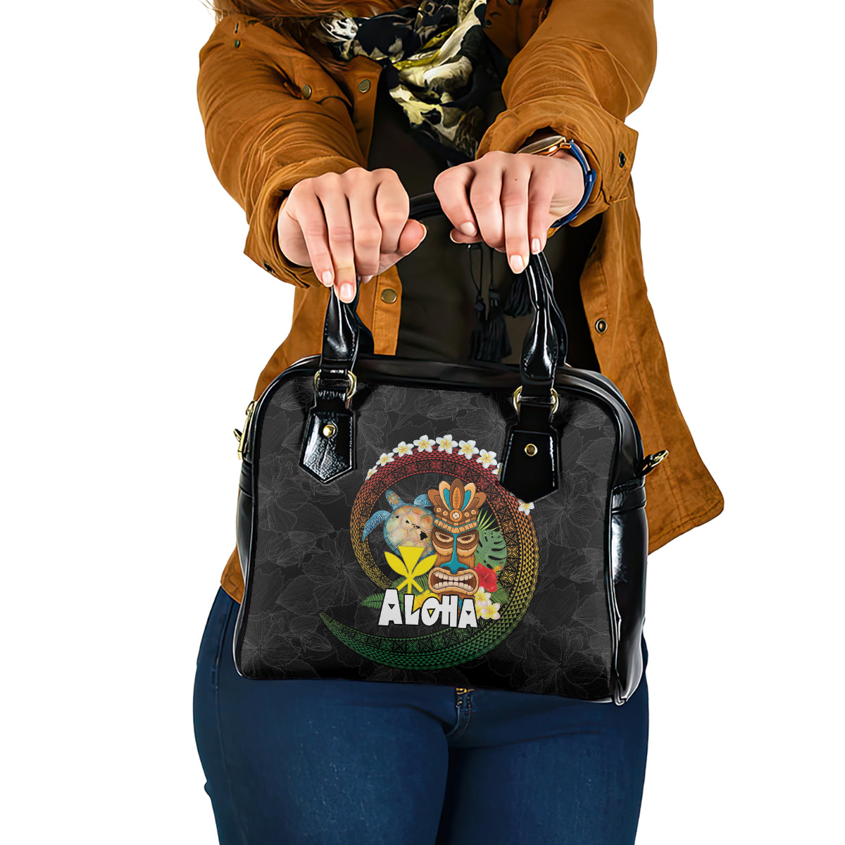 Aloha Hawaii Shoulder Handbag Kanaka Maoli with Polynesian Spiral Plumeria LT03 One Size Black - Polynesian Pride