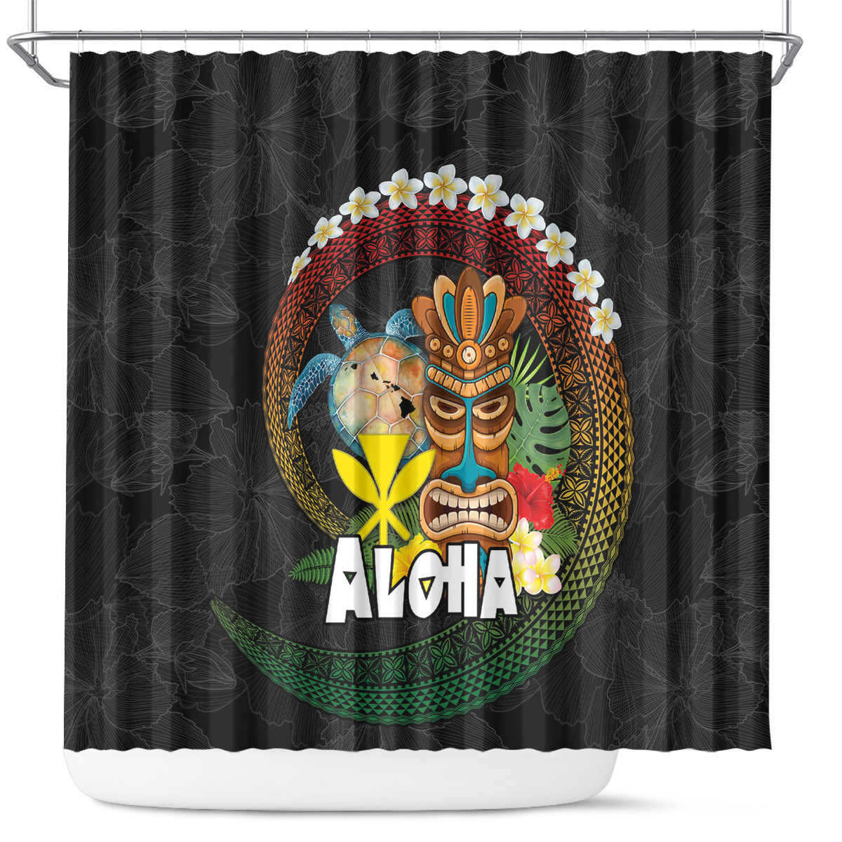 Aloha Hawaii Shower Curtain Kanaka Maoli with Polynesian Spiral Plumeria LT03 Black - Polynesian Pride