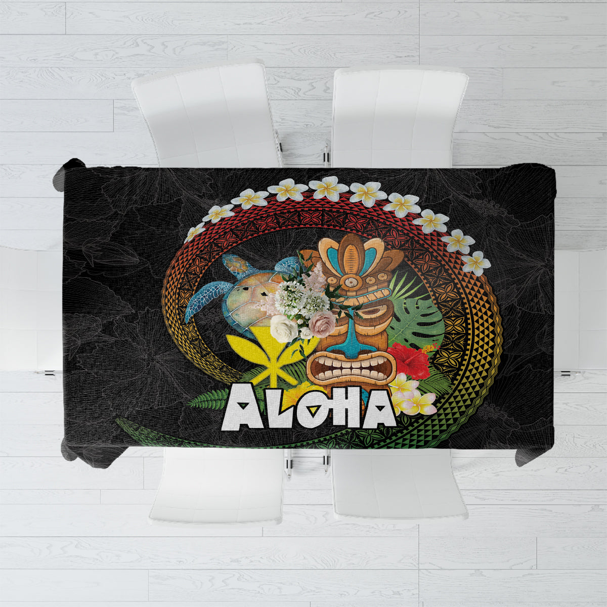 Aloha Hawaii Tablecloth Kanaka Maoli with Polynesian Spiral Plumeria LT03 Black - Polynesian Pride