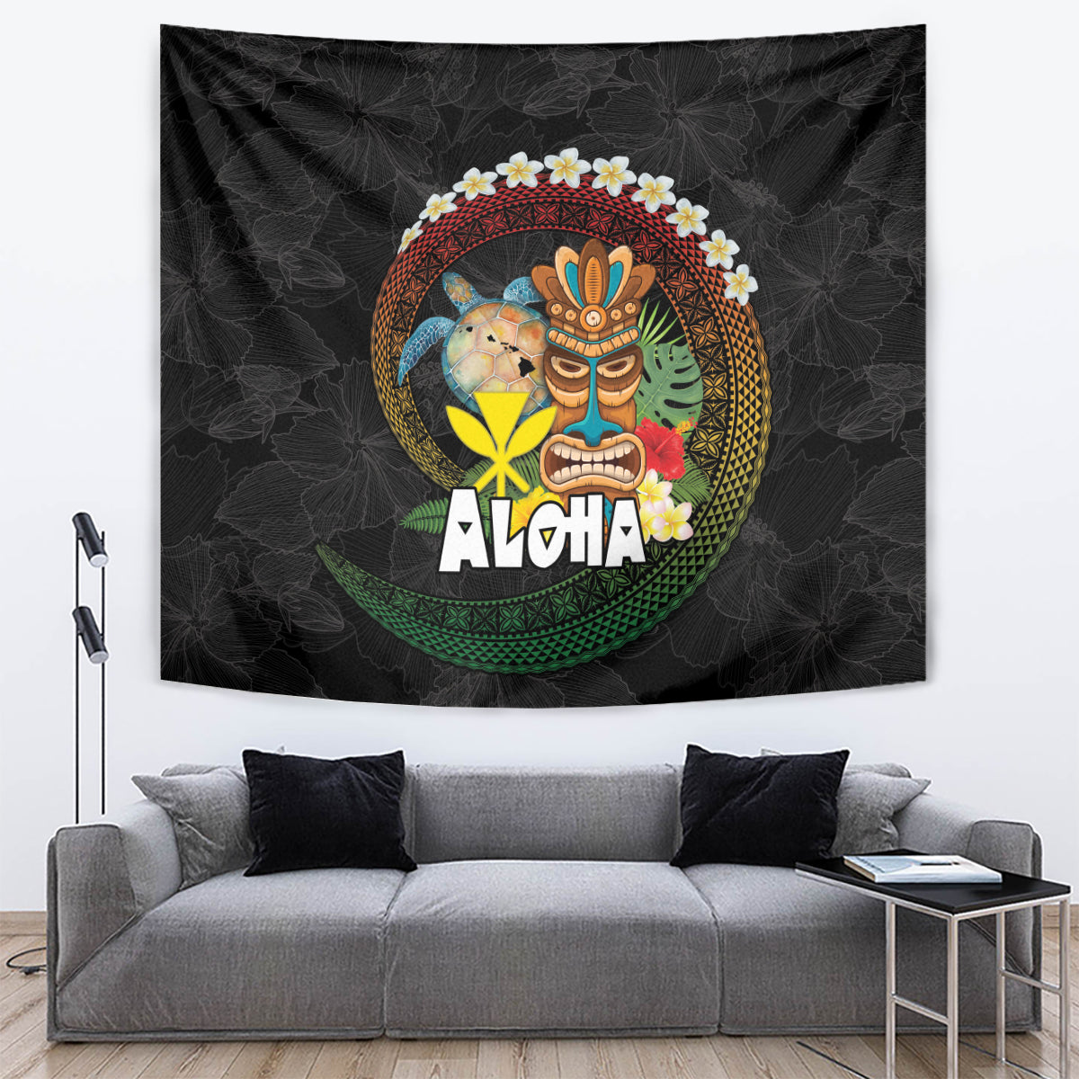 Aloha Hawaii Tapestry Kanaka Maoli with Polynesian Spiral Plumeria LT03 Black - Polynesian Pride