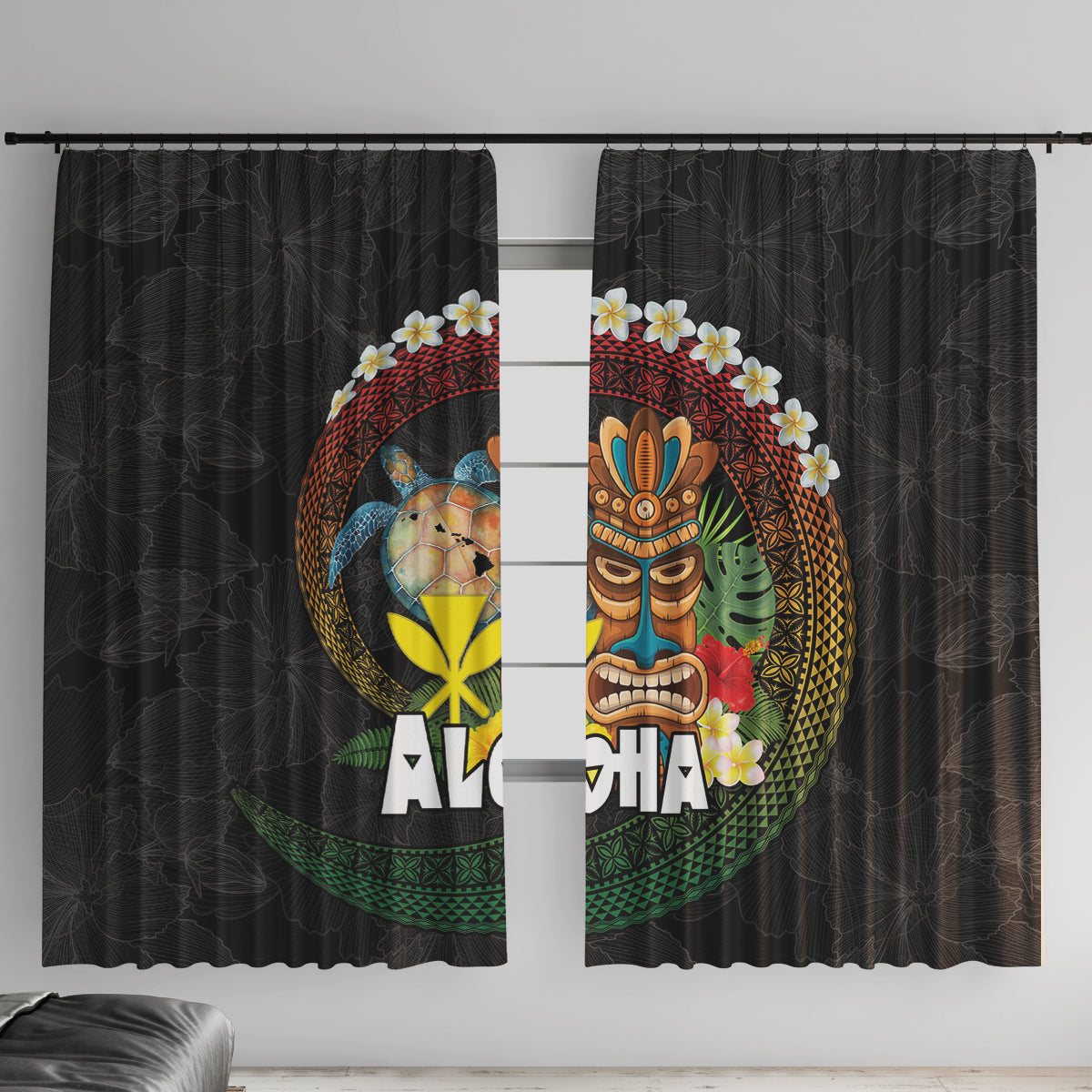 Aloha Hawaii Window Curtain Kanaka Maoli with Polynesian Spiral Plumeria
