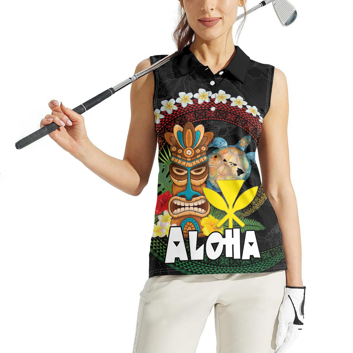 Aloha Hawaii Women Sleeveless Polo Shirt Kanaka Maoli with Polynesian Spiral Plumeria